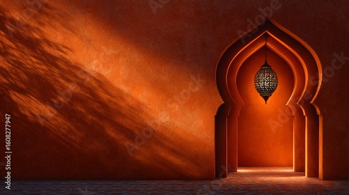 Intricate Moroccan Archway with Lantern Casting Soft Shadows