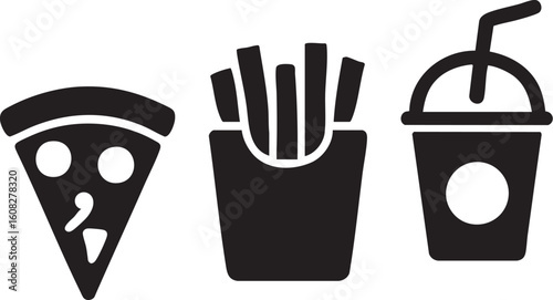 Fast Food Icon Set – Solid Style Vector Illustrations of Pizza Slice, French Fries, and Soft Drink for Restaurant Menu, Food Delivery App, Junk Food Graphics, Snack Bar Design