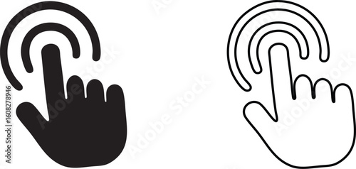Touchscreen Tap Gesture Icon Set – Solid and Outline Finger Touch Symbol Vector Illustration for Mobile Interface, App Interaction, UX Design, Click Action, Navigation Control, and User Engagement Ele