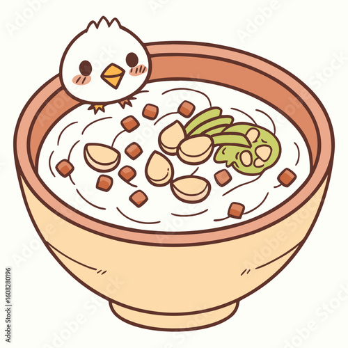 Kawaii Porridge Bowl with Chick Illustration