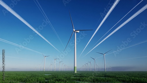 A field of wind turbines under a blue sky with contrails stretching across the horizon in the distance