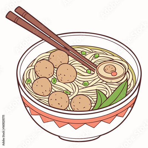 Noodle Soup Bowl with Meatballs and Egg Illustration