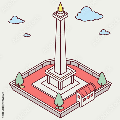 Isometric Illustration of a Monument with Trees and Clouds