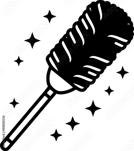 Black feather duster surrounded by sparkle stars enhances the cleaning theme effectively and minimalist
