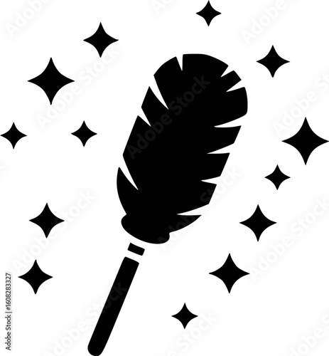 Black feather duster surrounded by sparkle stars enhances the cleaning theme effectively and minimalist
