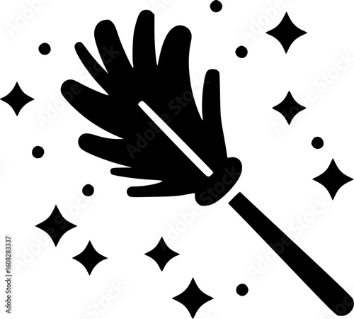 Black feather duster surrounded by sparkle stars enhances the cleaning theme effectively and minimalist
