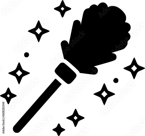 Black feather duster surrounded by sparkle stars enhances the cleaning theme effectively and minimalist
