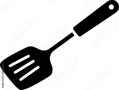 A sleek black spatula with ventilation slots and a hanging hole on a white backdrop
