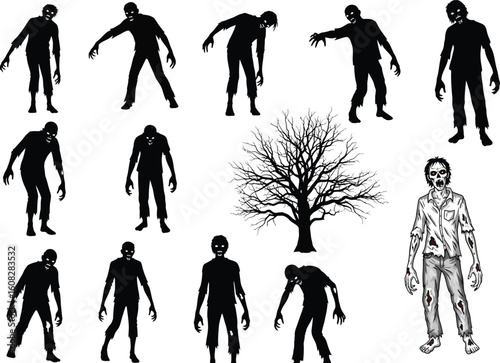 Collection of silhouetted zombies and a bare tree illustrating a spooky halloween or horror scene
