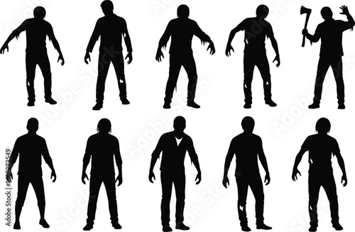 Collection of ten diverse zombie silhouettes in various poses and actions against a white background