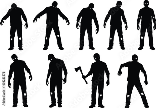 Collection of eight black silhouette figures of zombies in various poses and with different menacing stances