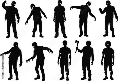 Collection of ten distinct silhouette figures representing various zombie poses and actions against a white background