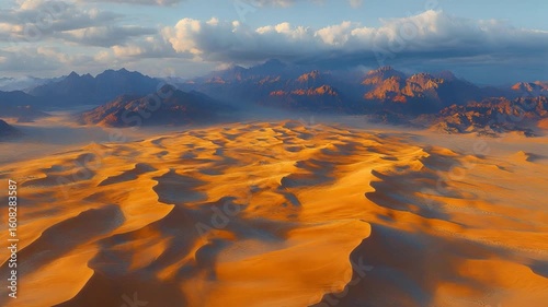 Majestic desert landscape with a vibrant orange and brown sand dunes, under a sky full of clouds