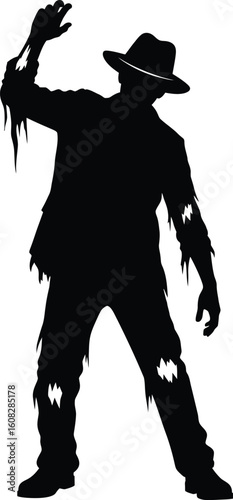 Silhouette of a tattered zombie cowboy with a hat and outstretched arm against a white background