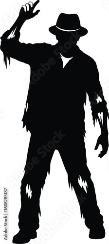 Silhouette of a spooky zombie wearing a fedora hat and tattered clothing dancing in a creepy pose