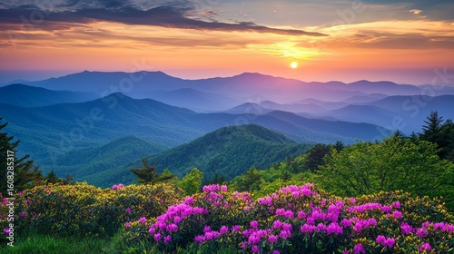 The Great Craggy Mountains along the Blue Ridge Parkway in North Carolina, USA with Catawba Rhododendron during a spring season sunset.