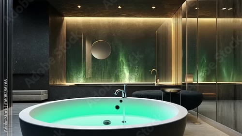 Modern luxurious bathroom featuring a sleek bathtub with green lighting, elegant design, and ambient decor