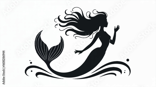 Elegant black and white mermaid silhouette illustration on a clean white background