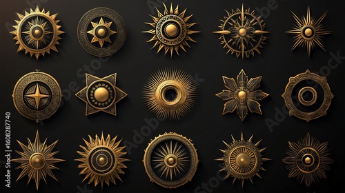 Assortment of Ornate Golden Sunburst Medallions on a Dark Backdrop