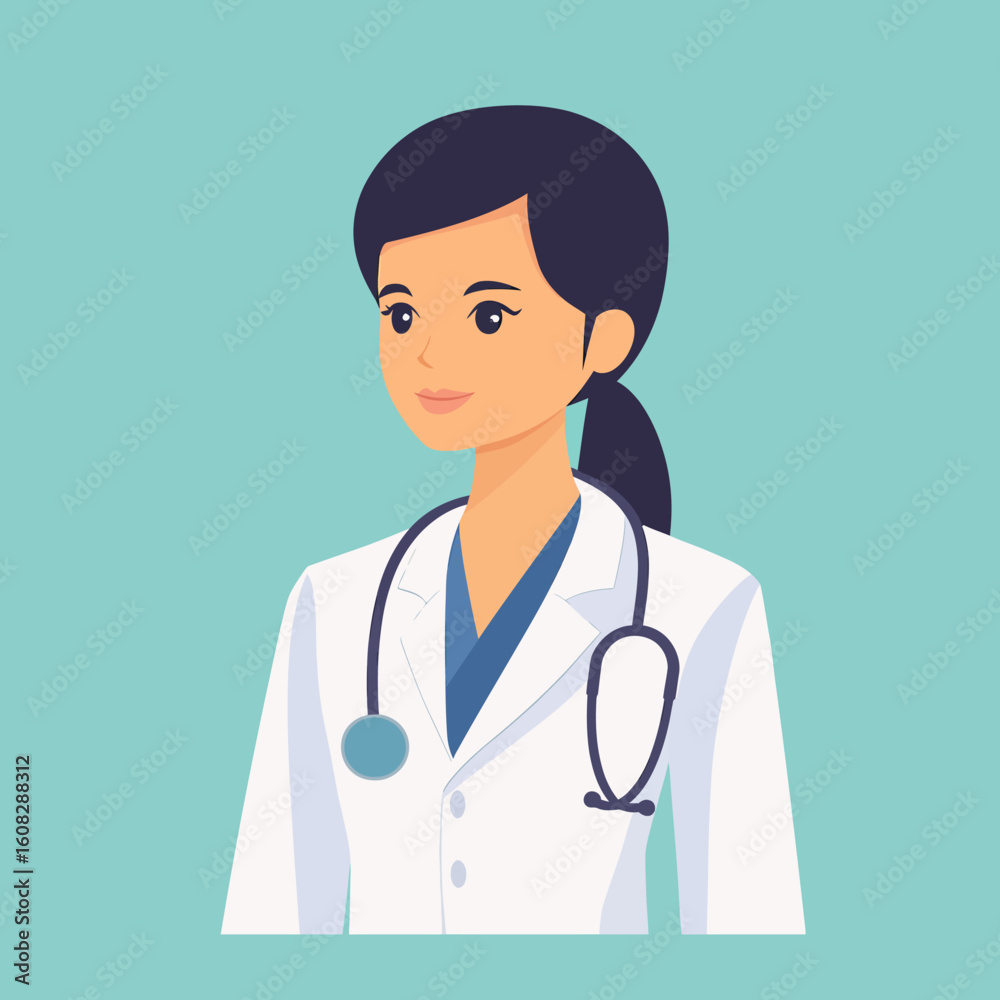 Fototapeta premium Female doctor avatar icon in white coat, flat design face illustration. Senior consultant, medicine