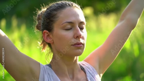 Serene woman practices yoga outdoors