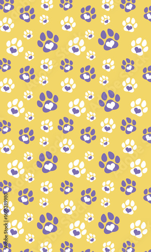 Charming seamless pattern for pet lovers with blue hearts, dog paws, and white bones