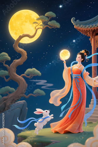Cartoon illustration of Chang'e flying to the moon for the Mid-Autumn Festival
