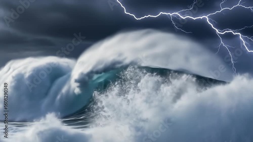 Powerful ocean waves crashing under a dramatic stormy sky with lightning strikes.