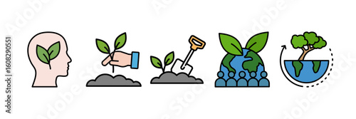 Environmental Management Icon Set, Containing design Think Green, Rewilding, Soil Conditions, Green Community, Sustainable Development