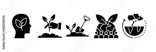 Environmental Management Icon Set, Containing design Think Green, Rewilding, Soil Conditions, Green Community, Sustainable Development