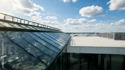 Modern rooftop garden with lush plants, eco-friendly solar panels, and a sleek glass building under a sunny sky