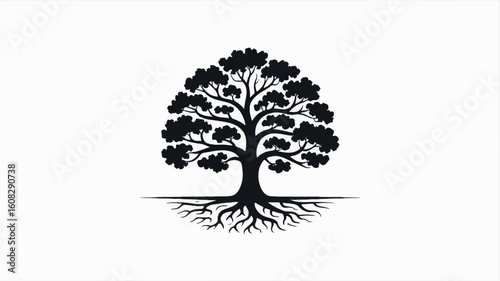 Elegant black silhouette of a mature oak tree perfect for nature themed backgrounds and designs