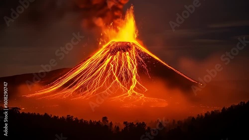 Spectacular volcanic eruption at night with glowing lava streams flowing down the mountain side against a dark sky
