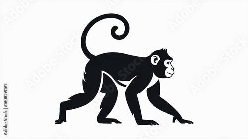 Black monkey silhouette walking gracefully on a clean white background