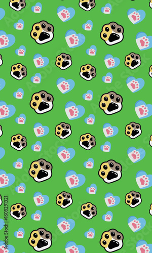 Cute animal paw prints and love hearts seamless pattern on a vibrant green background