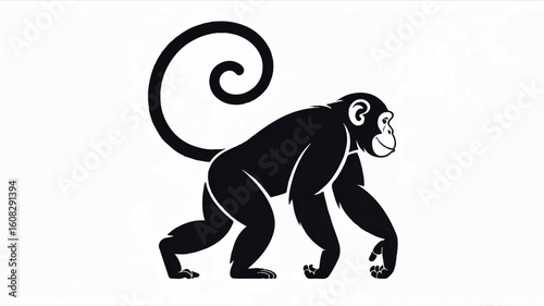 Black silhouette of a monkey walking against a clean white background