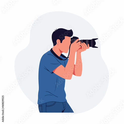 Flat vector of a male photographer taking photo with DSLR
