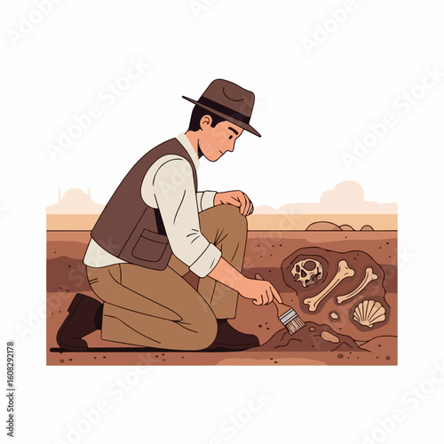  Flat vector of a male archaeologist kneeling with a brush uncovering fossils
