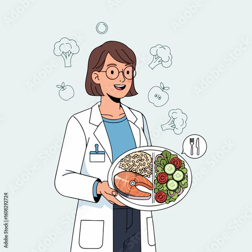Flat vector of a female nutritionist holding a balanced meal plate
