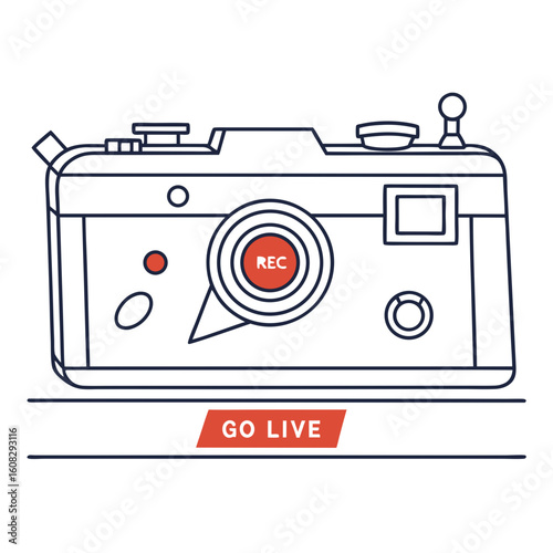 Stylized Vintage Camera with Live Streaming Indicator and Recording Button. Retro Technology for Online Video Content Creation and Broadcast Concept.