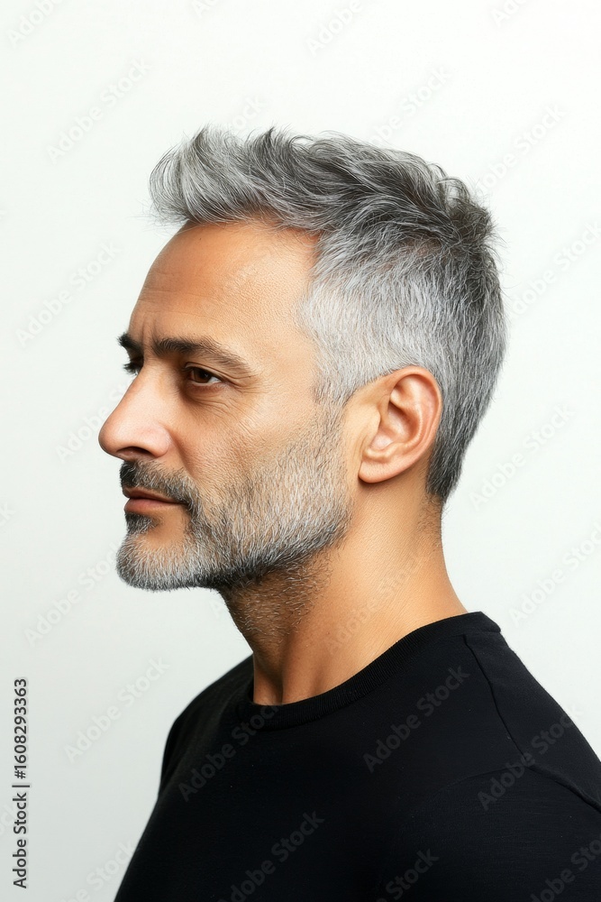 Obraz premium Conceptual art of style for aging men. A peaceful man enjoying a relaxed studio shoot. Trendy men's side part haircut - midlife middle eastern man with short hair. Pure white solid background.