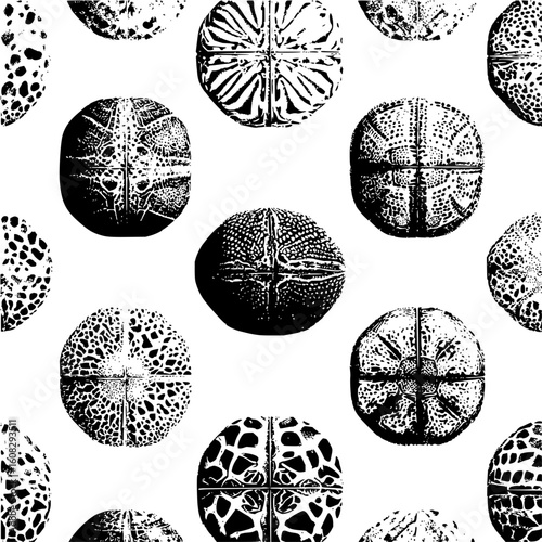 Monochrome seamless pattern featuring textured spherical shapes divided into quadrants on a white background