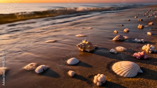 Beautiful seashells and corals scattered on a sandy beach at sunset with soft waves washing ashore