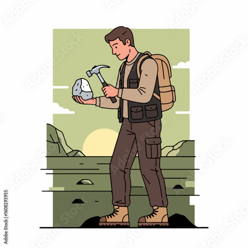 Flat vector of a male geologist with a rock hammer examining a stone
