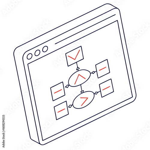 Isometric Line Art Illustration of a Browser Window Displaying a Flowchart Diagram with Data Processing Symbols on Screen, Web Development Concept