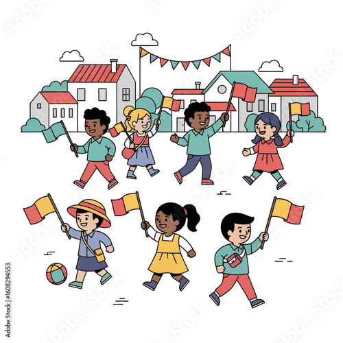 Happy children parade through a cheerful village, carrying flags in a festive celebration.