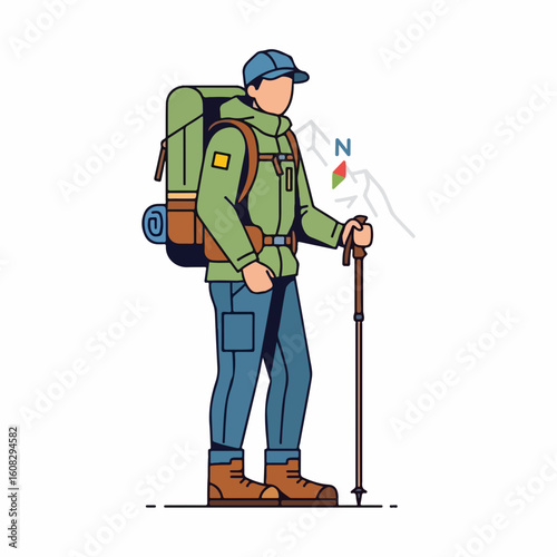 Flat vector of a mountain guide standing with a hiking stick and backpack