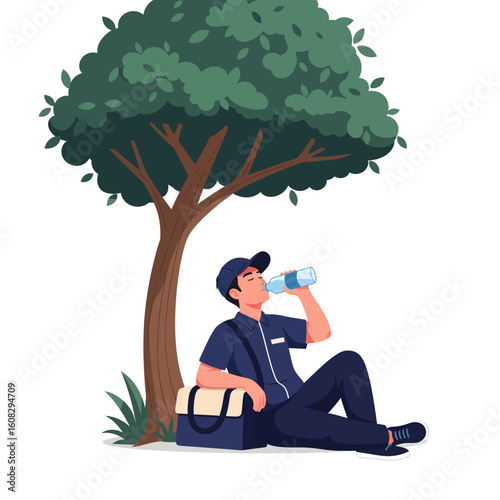 Delivery worker rests under a tree, taking a refreshing water break.