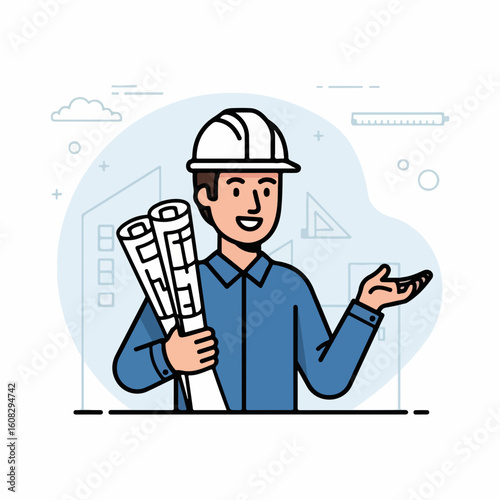 Flat vector of an architect holding building plans and wearing a white helmet