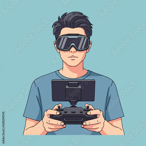 Flat vector of a drone pilot holding a remote controller and wearing goggles
